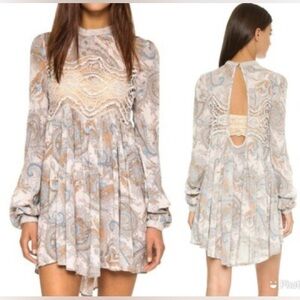 Free People Womens Sweet Thang Printed Babydoll Crochet Short Dress